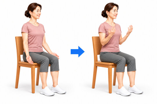 Seated elbow flexion demonstrated by a seated woman