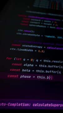 Digital lines of JavaScript script appear seamlessly across a dark monitor during automated vibe coding. Neon magenta syntax highlighting glows vividly on the terminal display