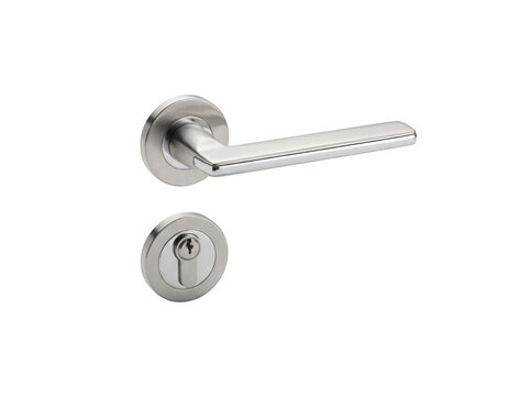 Sleek stainless steel door handle with matching lock plate as isolated on transparent background