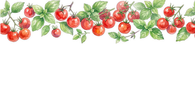 Watercolor horizontal border of fresh red tomatoes and green basil leaves isolated on transparent background