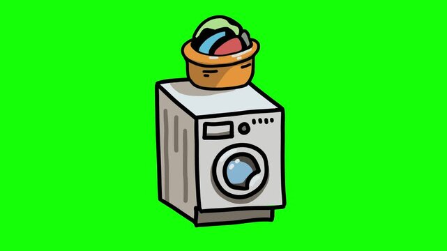 Animated washing machine with laundry basket, cute minimalist doodle style on green screen.