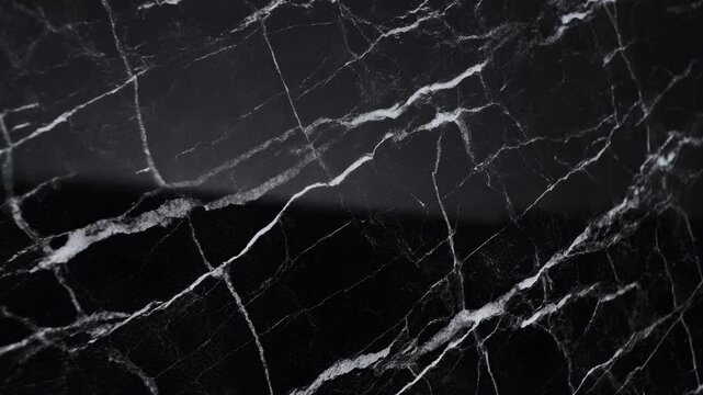 Black marble surface with white veins and slowly shifting light fills an abstract close-up. Luxury branding, interior design presentations, and product advertising.