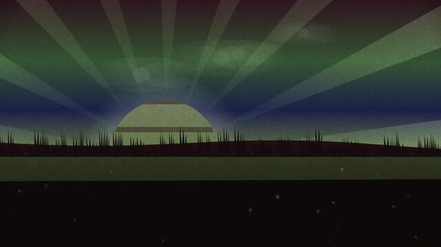 A looping animation of a stylized sun setting over a grassy horizon with radiating light beams.
