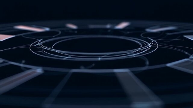 Rotating circular digital interface rings animate across a dark futuristic technology background. Technology presentations, cybersecurity media, and data analytics explainers.