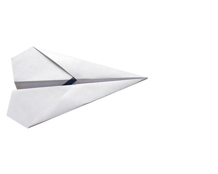 A simple white paper airplane folded from a single sheet of paper, viewed from a side angle against a solid black background, isolated on a, transparent background