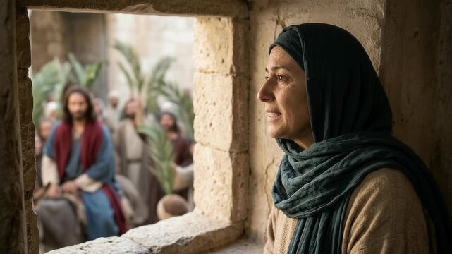 Woman Watching Jesus Christ Ride a Donkey Into Jerusalem as Crowds Gather Outside, Biblical Palm Sunday Scene of Faith, Curiosity, Prophecy, Worship, Celebration and Messianic Hope