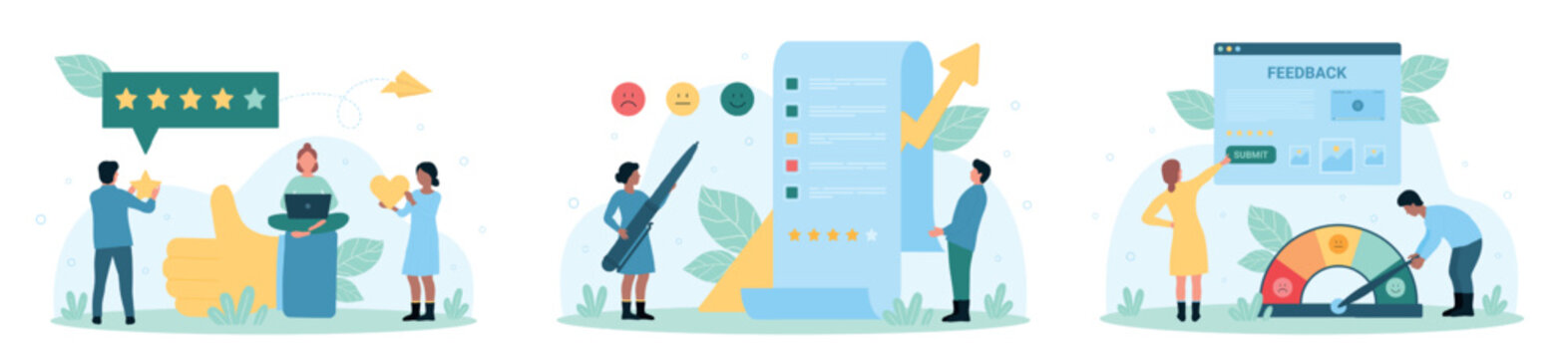 Customers feedback service set vector illustration. Cartoon tiny people rate experience with stars and thumbs up, clients vote for quality in survey list, report with positive comment in social media
