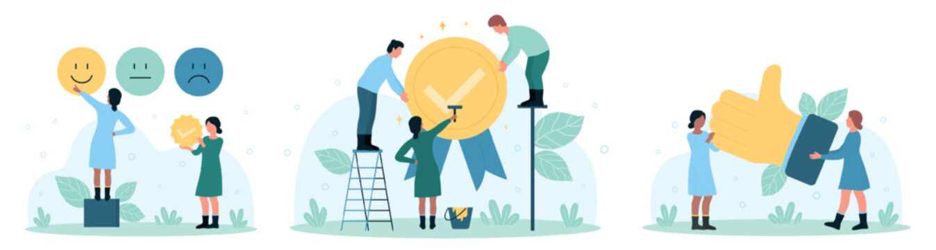 Customers feedback set vector illustration. Cartoon tiny people holding thumbs up, work on quality seal medal and point on happy emoticon to vote for positive experience and approve good review