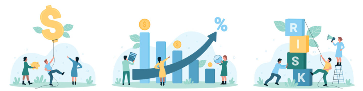 Financial risks set vector illustration. Cartoon tiny investor holding dollar balloon, people calculate finance profit from chart growth and money return with calculator, push cubes with word risk