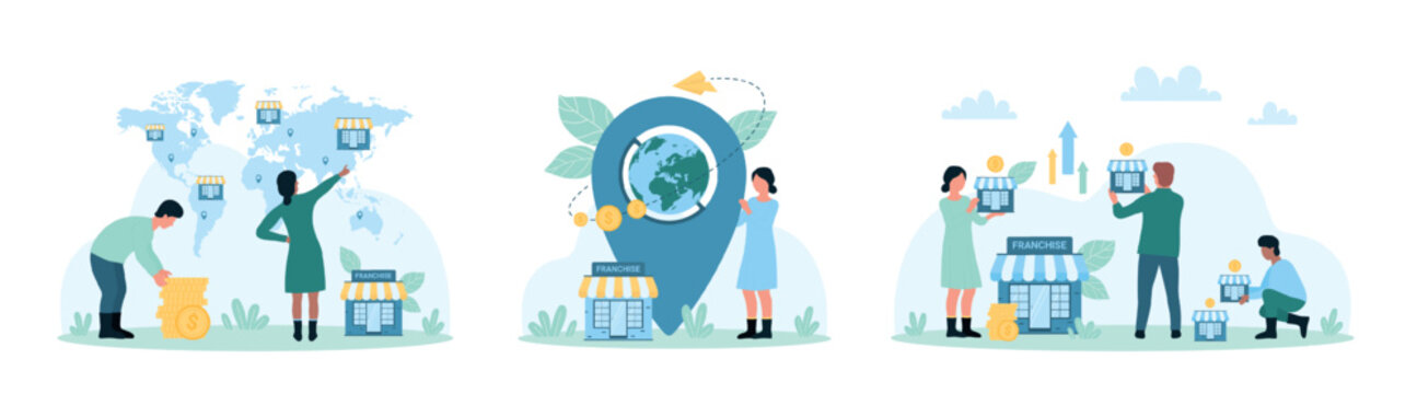Franchise, global business expansion set vector illustration. Cartoon tiny people holding money and small stores, location pin with globe inside to expand company with new franchise enterprises