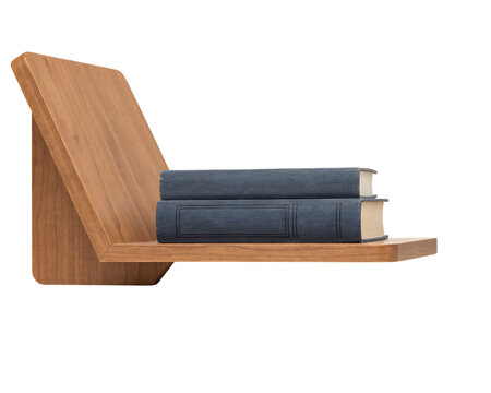 A single wooden wall-mounted shelf with an angled back support, featuring two stacked dark blue hardcover books resting on the flat surface isolated on a transparent background