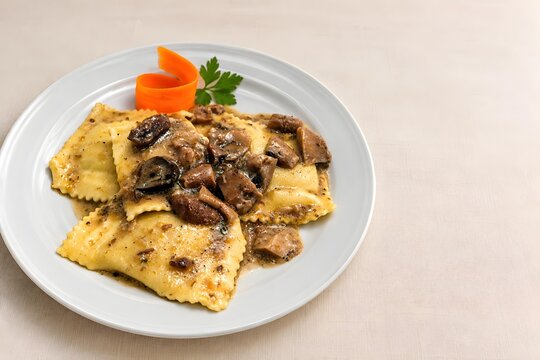 Gourmet Ravioli with Mushroom Sauce and Copy Space