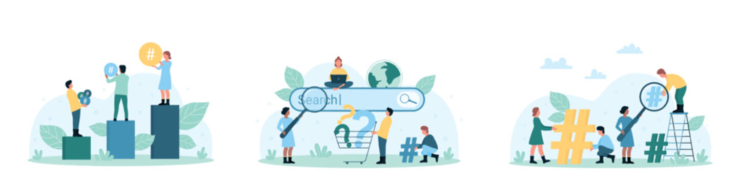 Web navigation and search set vector illustration. Cartoon tiny people carry questions in cart to find answers, look through magnifying glass at search bar and hashtag for information analysis
