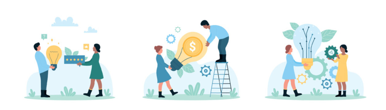 Business ideas set vector illustration. Cartoon tiny people holding light bulb to give and share creative money idea and smart solution, bubble with five stars rating to recommend project and gears