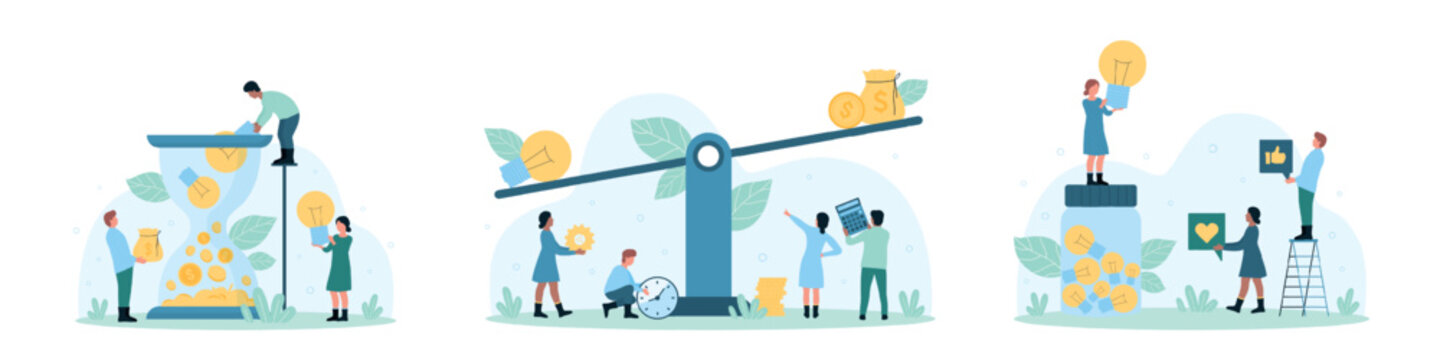 Creative idea set vector illustration. Cartoon tiny people give likes to employee holding light bulb, collect lamps in hourglass or glass jar, characters compare price of finance project on scales