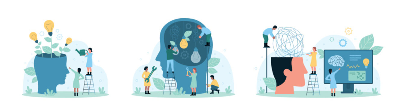 Growth of ideas, skills set vector illustration. Cartoon tiny people water light bulbs and untangle confusion of wires inside human head, session and therapy of professional couch for brain research