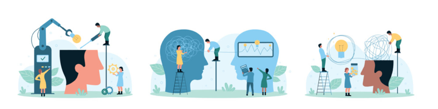 Intellectual creative idea development, analytics set vector illustration. Cartoon tiny people unravel thread with messy knots inside human head, improve skills by installing light bulb in brain