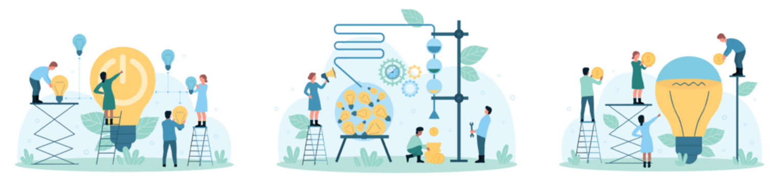 Business teamwork, idea funnel and innovation set vector illustration. Cartoon tiny people throw money to fill light bulb together, press power button on electric lamp, work to get creative results