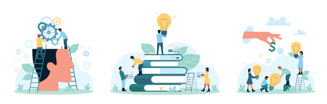 Creative ideas set vector illustration. Cartoon tiny people work with gears in brain of open human head, hand giving money to man and woman holding light bulbs, innovation and knowledge from books