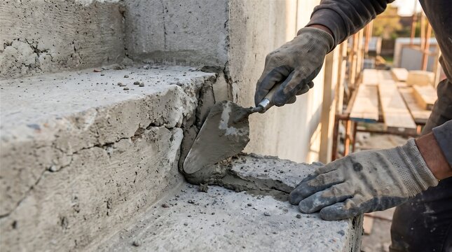 Construction worker applying cement on concrete wall with trowel