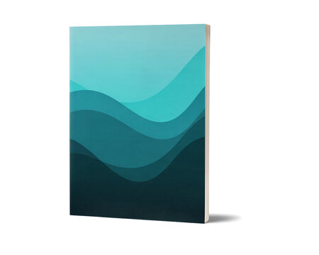 A vertical rectangular book or notebook with a soft gradient cover featuring overlapping teal and dark blue wavy abstract shapes isolated on a transparent background