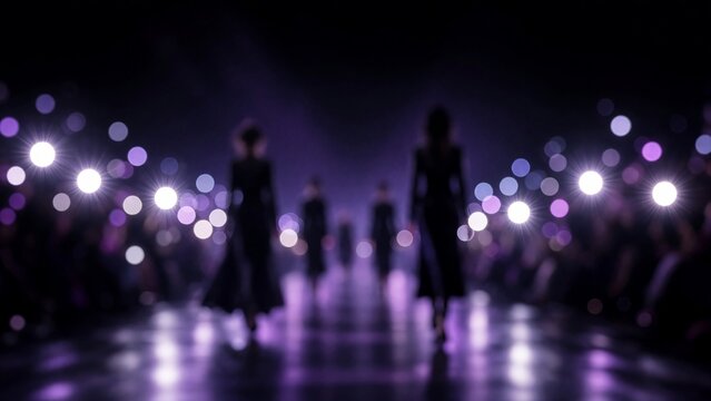 Defil&eacute; auf dem Laufsteg: verschwommene Models bei einer Modenschau mit lila Bokeh-Lichtern &mdash; Hintergrund f&uuml;r Text
