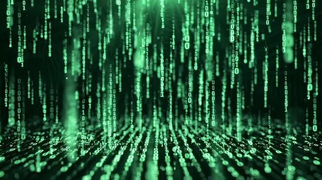 Green binary code streams form a digital data field across a dark computer screen