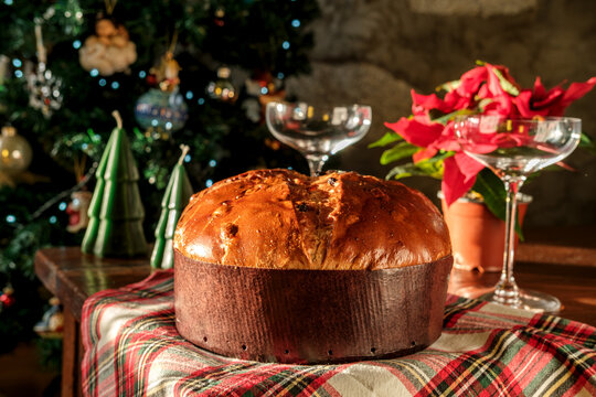 Panettone Christmas cake on a festive table with tree, poinsettia, candles, and champagne glasses