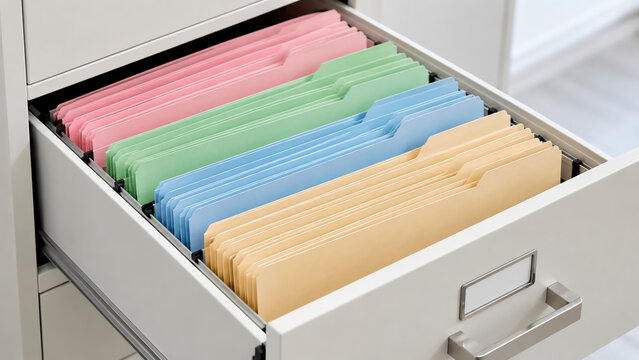 Open office file cabinet drawer filled with colorful hanging folders containing documents