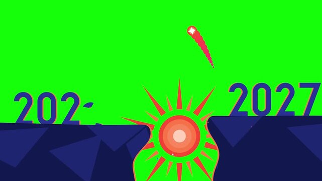 New Year 2027 Leap: Silhouette Hero Jumping From 2026 Across Cliff Gap, Vector Animation on Green Screen, Seamless Loop