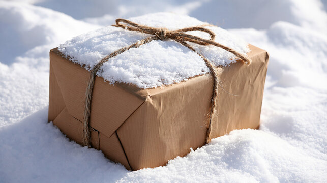 A beautifully wrapped parcel nestled in fresh snow, evoking a wintry surprise.