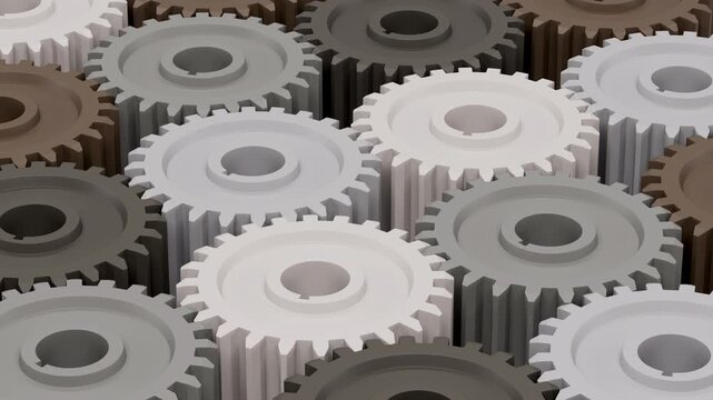 Abstract animation of many cogwheels turning together representing teamwork and industry. 3d rendering