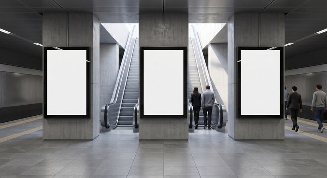 Photorealistic mockup of three blank vertical advertising lightboxes on concrete pillars in a modern subway station with escalators.