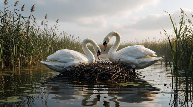 Two swans resting on a floating nest in water