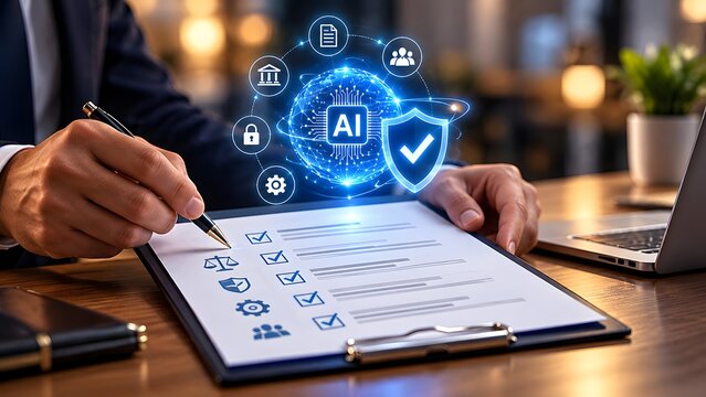 Businessman managing artificial intelligence implementation with a digital checklist, ensuring data security, regulatory compliance, and strategic business transformation.