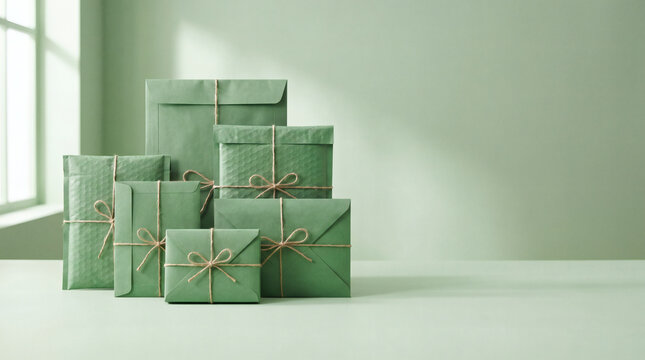 Green eco friendly mailers and envelopes tied with hemp twine string