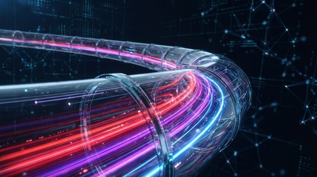 Futuristic Curved Glass Tunnel with Vibrant Red Blue and Purple Light Trails, High Speed Digital Communication, Glowing Network Connections and Abstract Technology Background