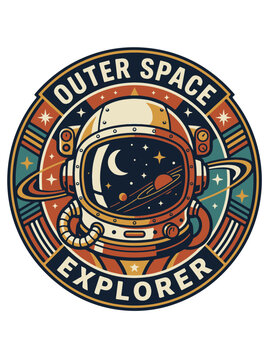 Retro Style Astronaut Helmet Emblem with Cosmic Elements for Space Exploration Merchandise and Adventure Themes