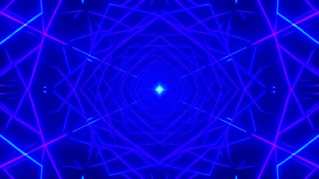 Abstract Blue Geometric Laser Light Tunnel Background with Pink Accents