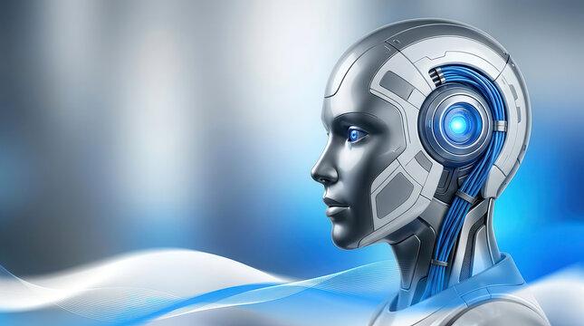 Profile view of a futuristic humanoid robot head with blue glowing electronic circuitry details
