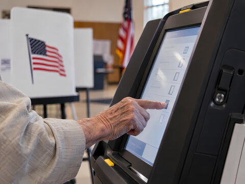 American Voter Using Electronic Voting System at Polling Station
