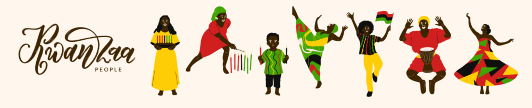 Vector set of Kwanzaa people celebration. Concept of Happy Kwanzaa holiday.