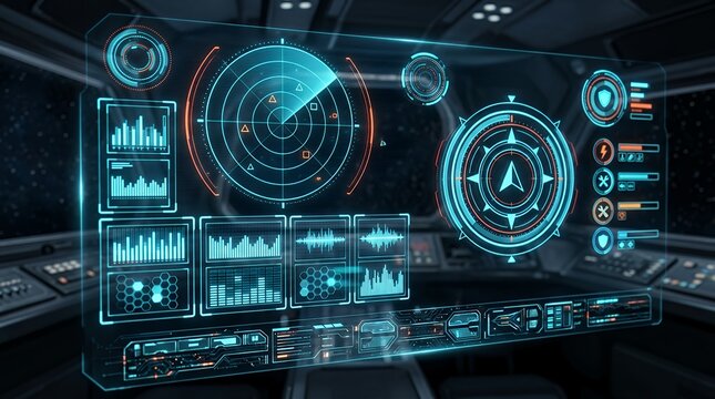 Futuristic Holographic Sci Fi HUD User Interface Dashboard Graphic Display With Circular Radar Scanner Navigation Gauges Digital Screen Panels And Cyberpunk Virtual Reality Modern Sci Fi Infographic