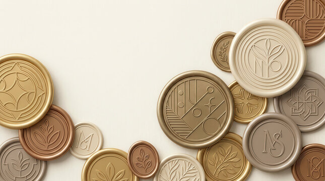Collection of decorative wax seals with various geometric and botanical embossed patterns on white background