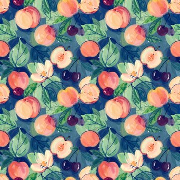 Seamless pattern featuring vibrant peaches and cherries with green leaves, perfect for textile and wallpaper designs.