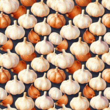 Seamless pattern featuring garlic bulbs in a repeating arrangement with a warm, natural color palette.