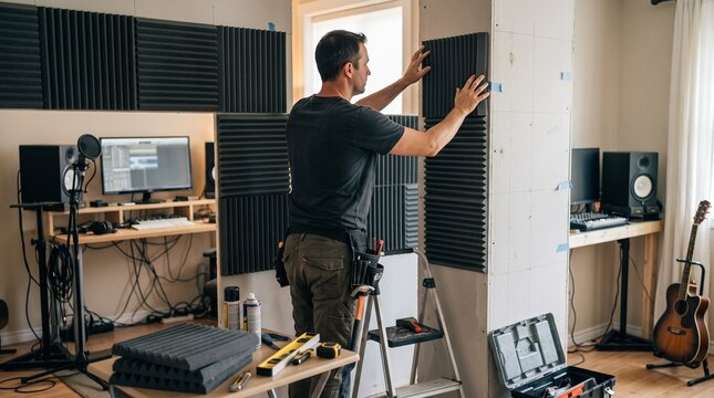 Man installing acoustic foam panels in a home recording studio