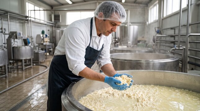 Cheese maker inspecting fresh cheese curds in a large industrial vat
