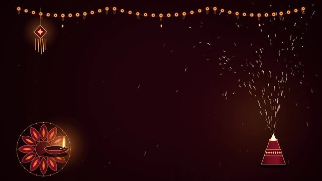 Diwali celebration animated background with glowing diya lamp and sparkling fountain firework