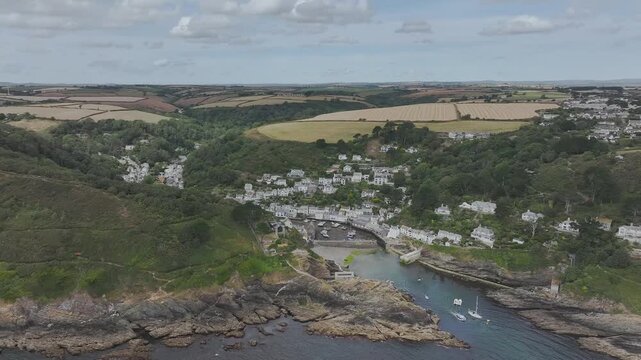 Polperro Harbour and Village from a drone, Polperro, Looe, Cornwall, England, United Kingdom